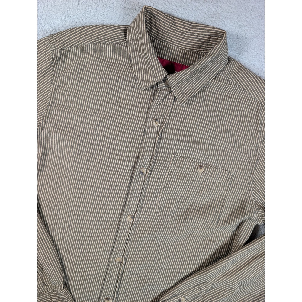 Gramicci Mens Long Sleeve Button Down Shirt Brown Tan Striped Cotton Pocket S/M